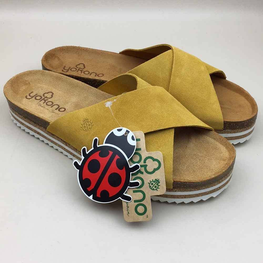 Yokono Yellow Leather Platform Slide Sandals NWT